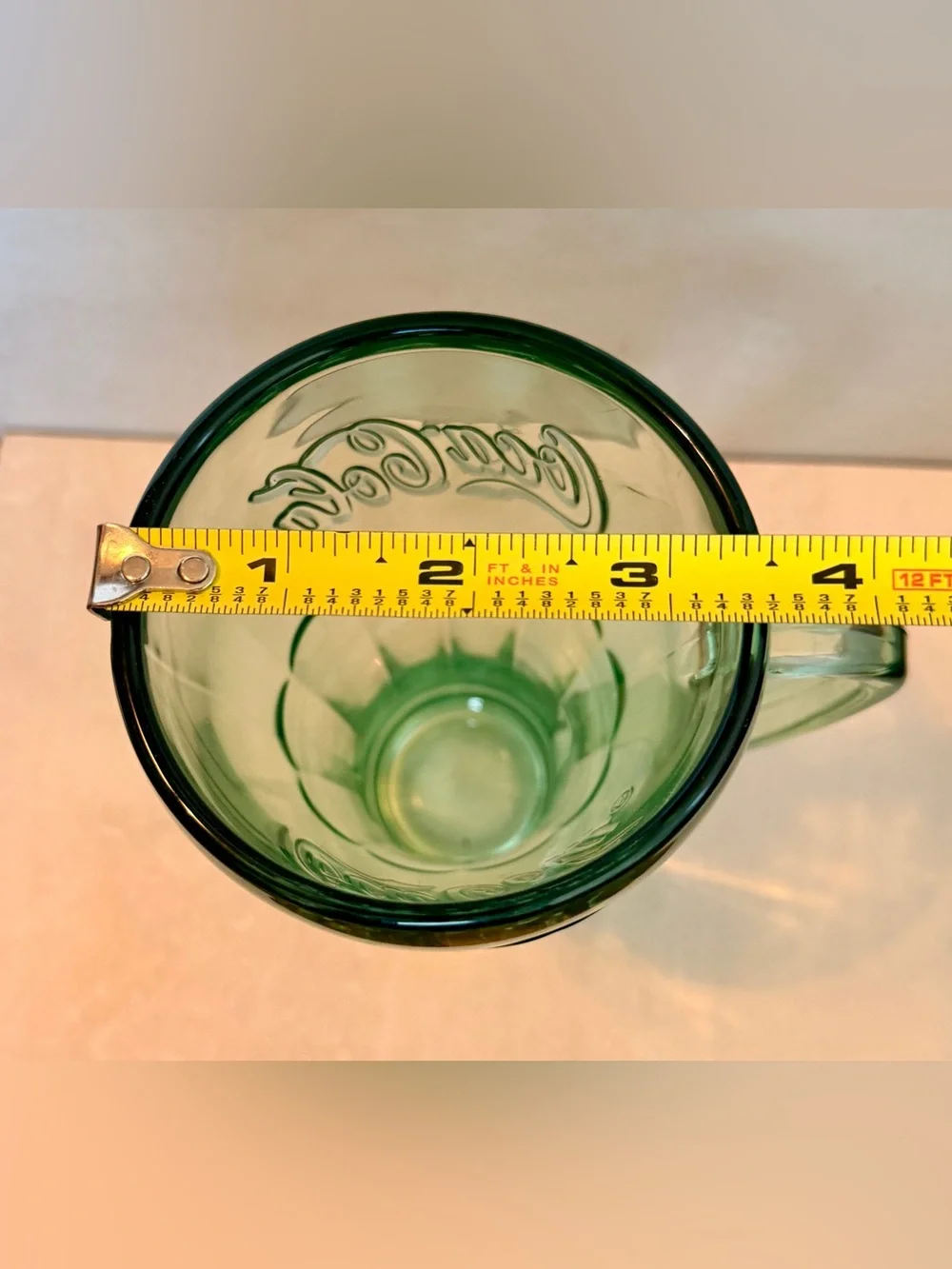 Vintage Coca Cola Green Embossed Glass Mug 6” Tall Heavy Handle Glass 70's